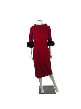 Vintage 50s Wiggle Dress Womens Small Red Wool Black Fur Cuffs Rolled Collar